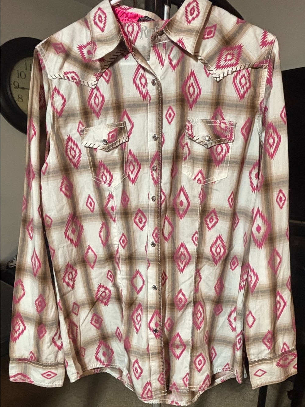 Wrangler Pink and Cream Western Aztec Snap-Front Shirt